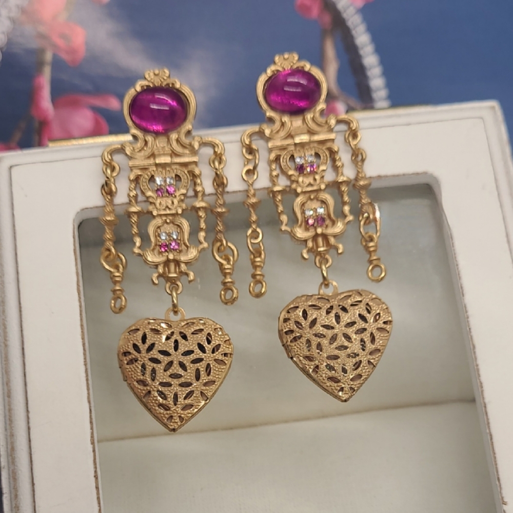 Vintage Estate Signed Multistone Dangle Heart Locket Gold Earrings - Picture 7 of 10